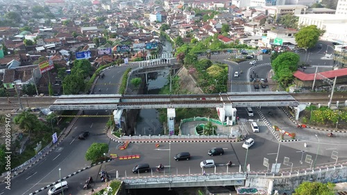 Aerial view, Backtrack dolly shot of Kewek Bridges in Yogyakarta photo