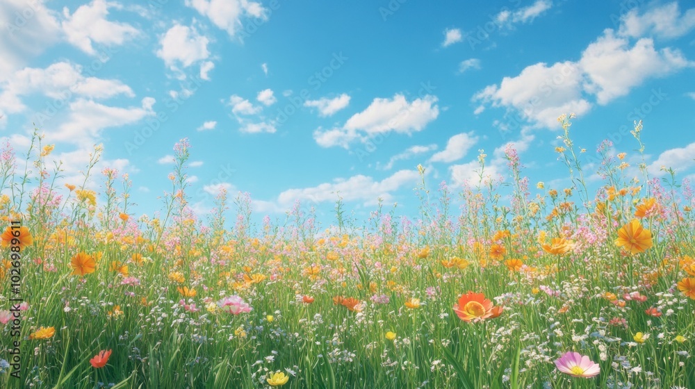 Fototapeta premium Bright Flower Field Under a Clear Blue Sky