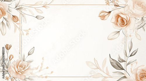 Watercolor floral frame with beige roses and leaves on a white background.