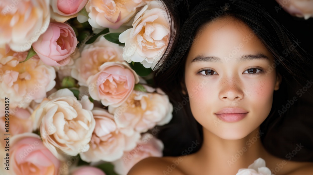 Beauty portrait of young woman with roses for spring-themed design and fashion Beauty portrait of young woman with roses for spring-themed design and fashion