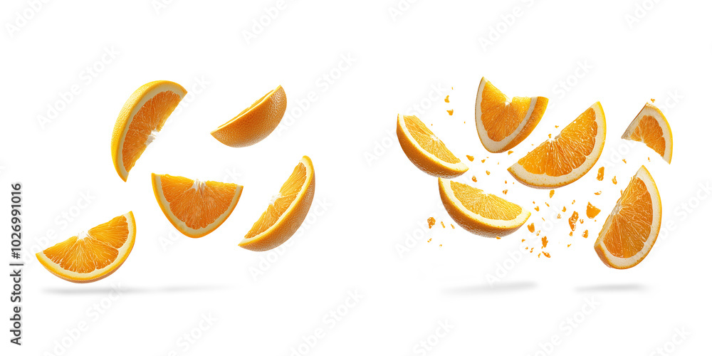set of Dynamic Orange Slices Exploding on a white and transparent background Vibrant orange slices are dynamically arranged and exploding set of Dynamic Orange Slices Exploding on a white and transparent background Vibrant orange slices are dynamically arranged and exploding