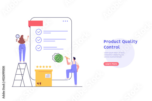 Product quality control illustration. Concept of product guarantee, service quality. People check certificate. Employees inspecting boxes. Vector illustration in flat design for web banner, UI