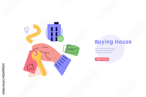 House for Sale. Man Buying Home with Key and Shopping Cart. People Choosing House Online. Concept of Purchase Real Estate, Buy House, Mortage. Vector illustration for Web Design, Landing Page