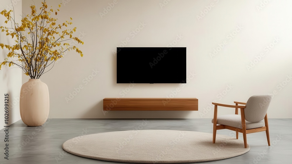 Living room with a minimalist TV stand, concrete floors, and a large neutraltoned rug minimalist TV stand, concrete floor, neutral decor Living room with a minimalist TV stand, concrete floors, and a large neutraltoned rug minimalist TV stand, concrete floor, neutral decor