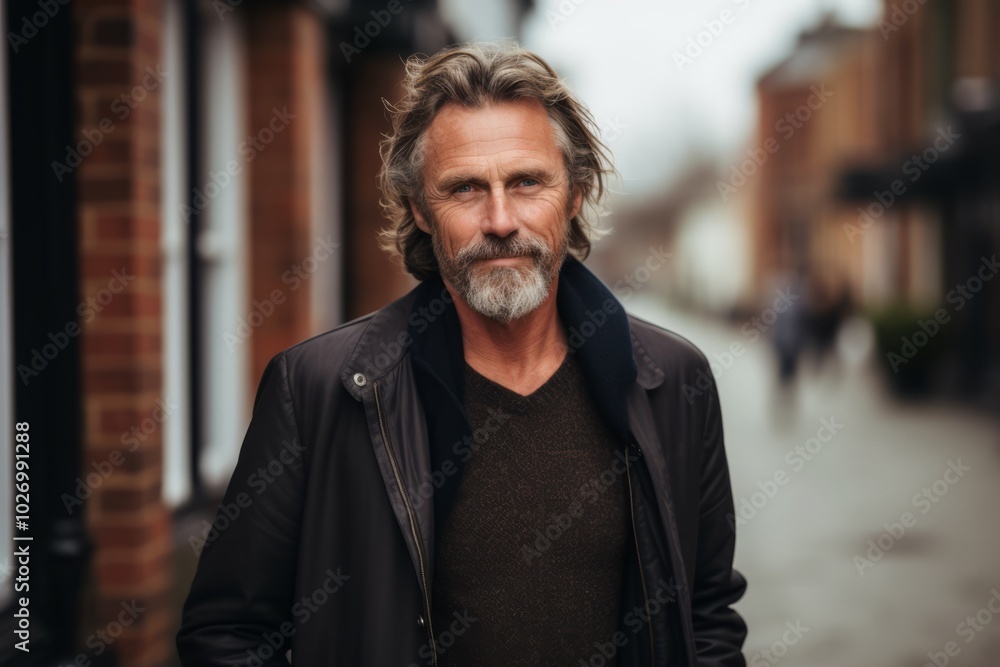 Portrait of a handsome mature man with gray hair and beard in a black leather jacket on a city street. Portrait of a handsome mature man with gray hair and beard in a black leather jacket on a city street.