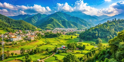 Scenic Landscape of Masuri, Dehradun with Lush Green Hills and Serene Mountains in the Background photo