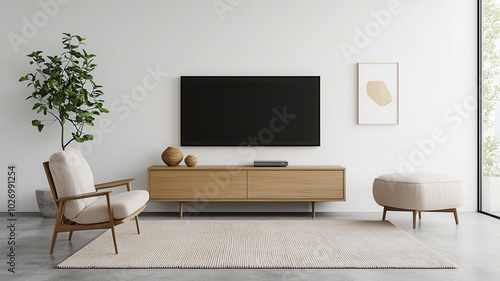 Living room with a minimalist TV stand, concrete floors, and a large neutraltoned rug minimalist TV stand, concrete floor, neutral decor