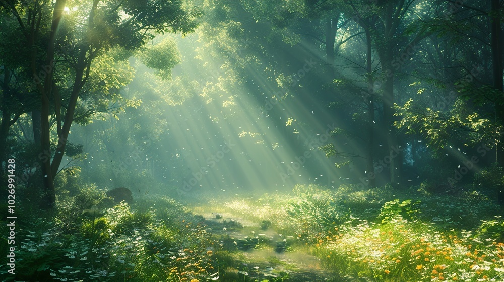 Sunbeams Through the Forest: A Serene Landscape Sunbeams Through the Forest: A Serene Landscape