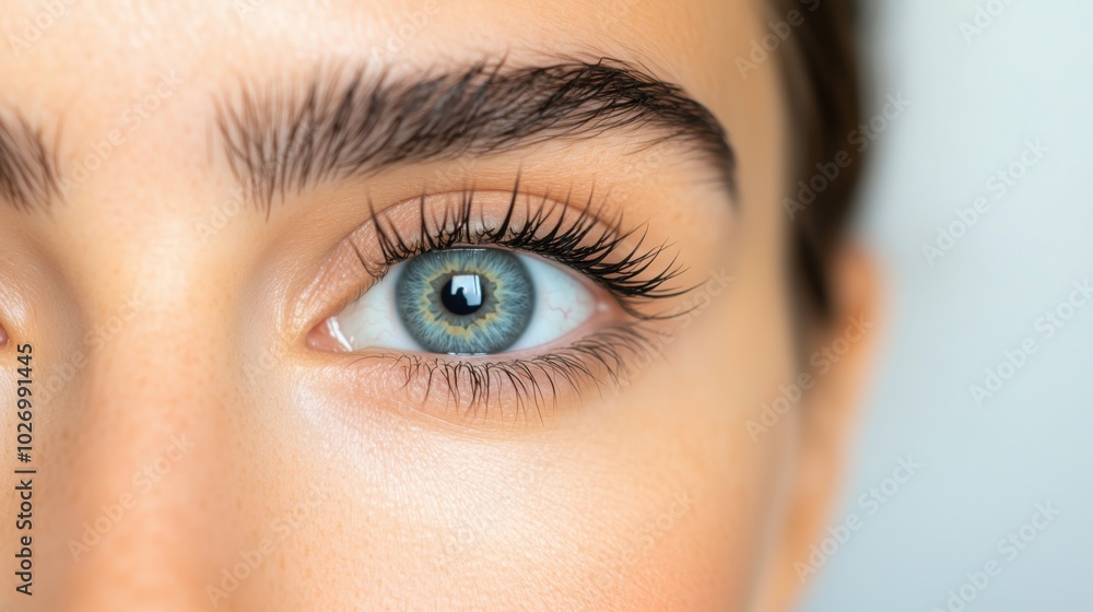 Close-up of a blue eye with long eyelashes for beauty and cosmetic design Close-up of a blue eye with long eyelashes for beauty and cosmetic design