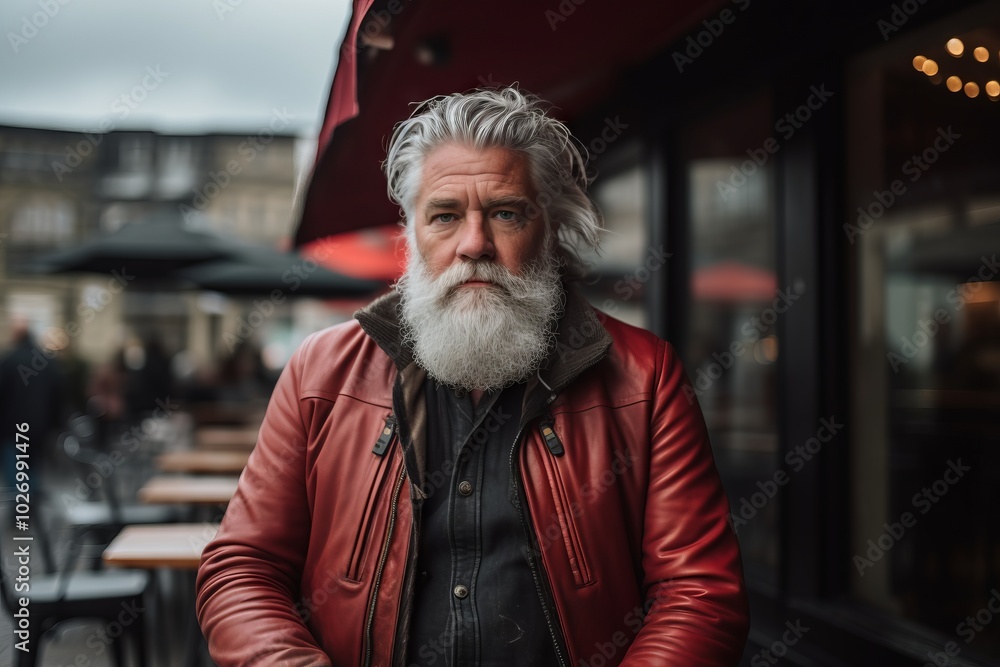 Handsome senior man with long gray beard and mustache in red leather jacket posing outdoors in street cafe Handsome senior man with long gray beard and mustache in red leather jacket posing outdoors in street cafe