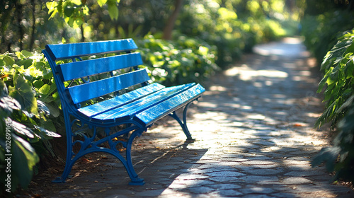 Bright blue bench in a park setting with sunlight. photo