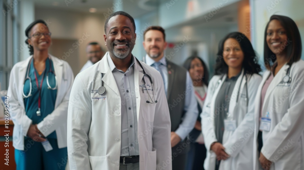 Portrait of a group of happy doctors, nurses, and other medical staff in a hospital. Portrait of a group of happy doctors, nurses, and other medical staff in a hospital.