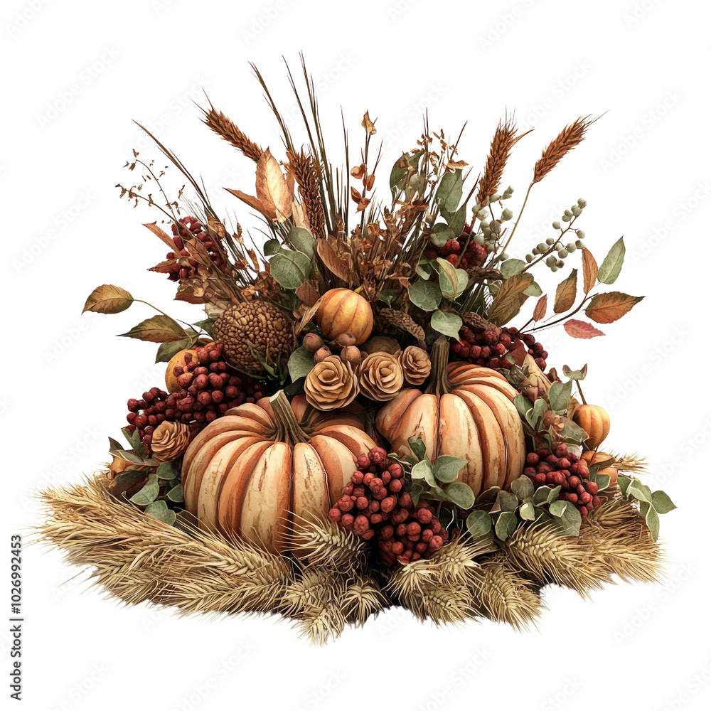 Fototapeta premium A stunning autumn arrangement featuring pumpkins, berries, and dried flowers, perfect for seasonal decoration and celebration.