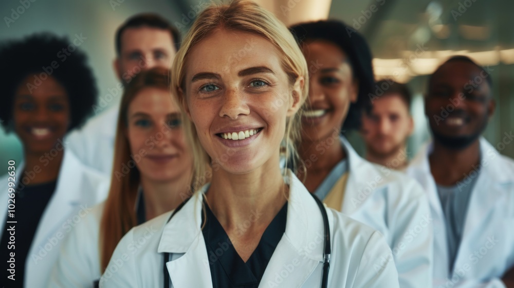 Portrait of a group of happy doctors, nurses, and other medical staff in a hospital. Portrait of a group of happy doctors, nurses, and other medical staff in a hospital.