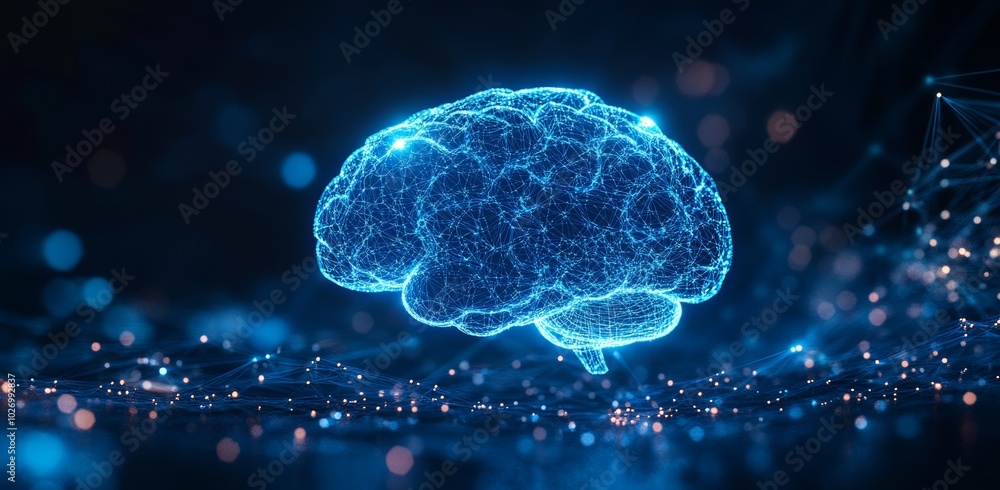 Fototapeta premium Abstract digital brain illustration with connected lines and dots.