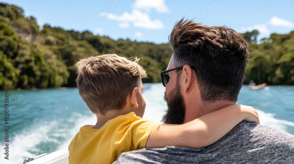 Father and son bonding during scenic boat trip in nature Father and son bonding during scenic boat trip in nature