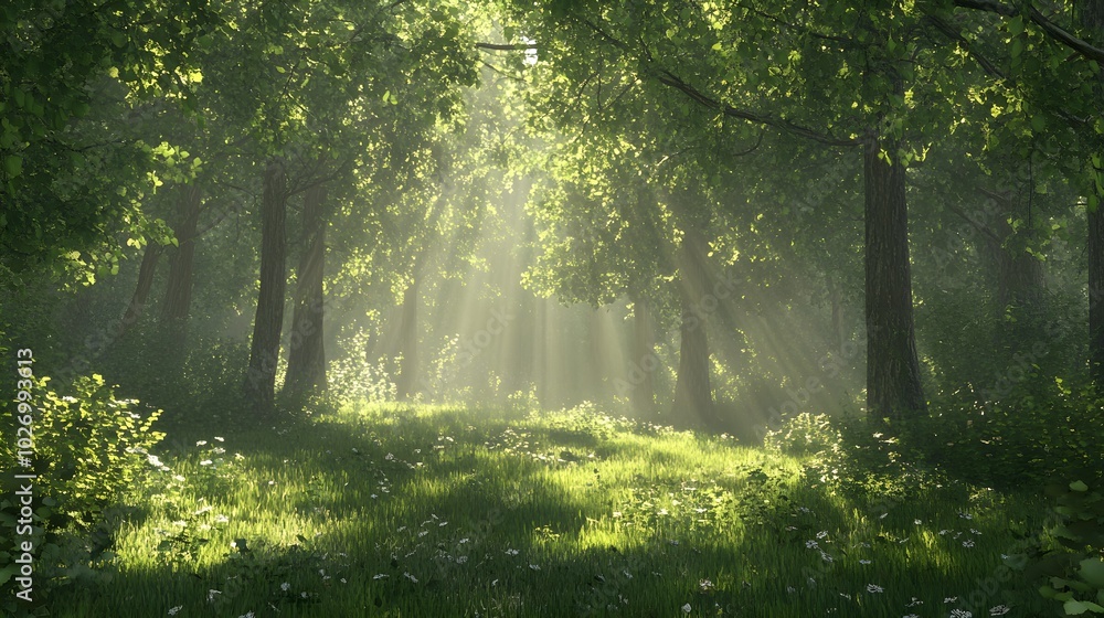 Obraz premium A tranquil scene of a serene forest with a gentle breeze rustling the leaves, sunlight filtering through the canopy, creating dappled patterns on the forest floor, evoking a sense of peacefulness 