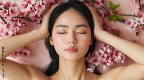 Japanese beauty: spring blossom portrait for skincare and wellness design