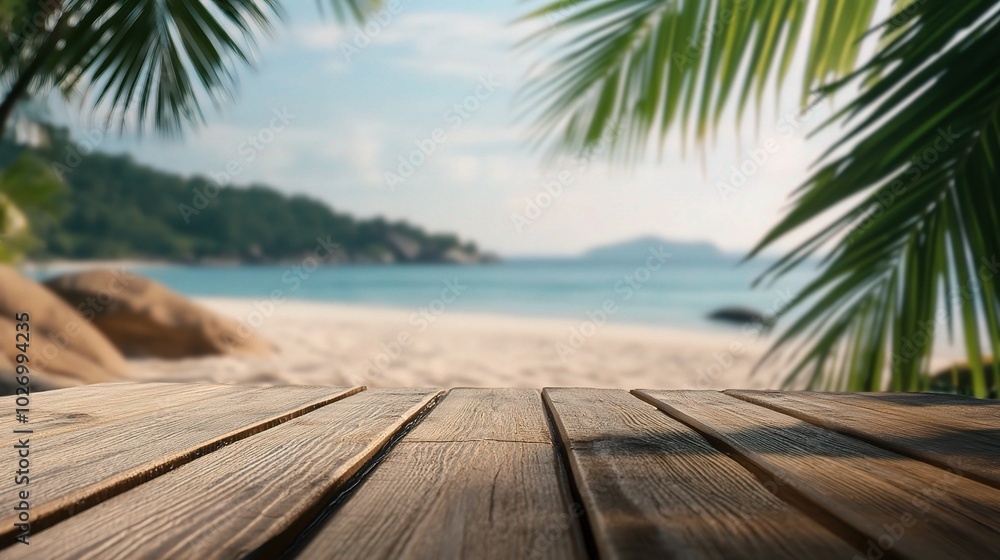Serene Beach View with Wooden Deck and Palm Leaves Serene Beach View with Wooden Deck and Palm Leaves
