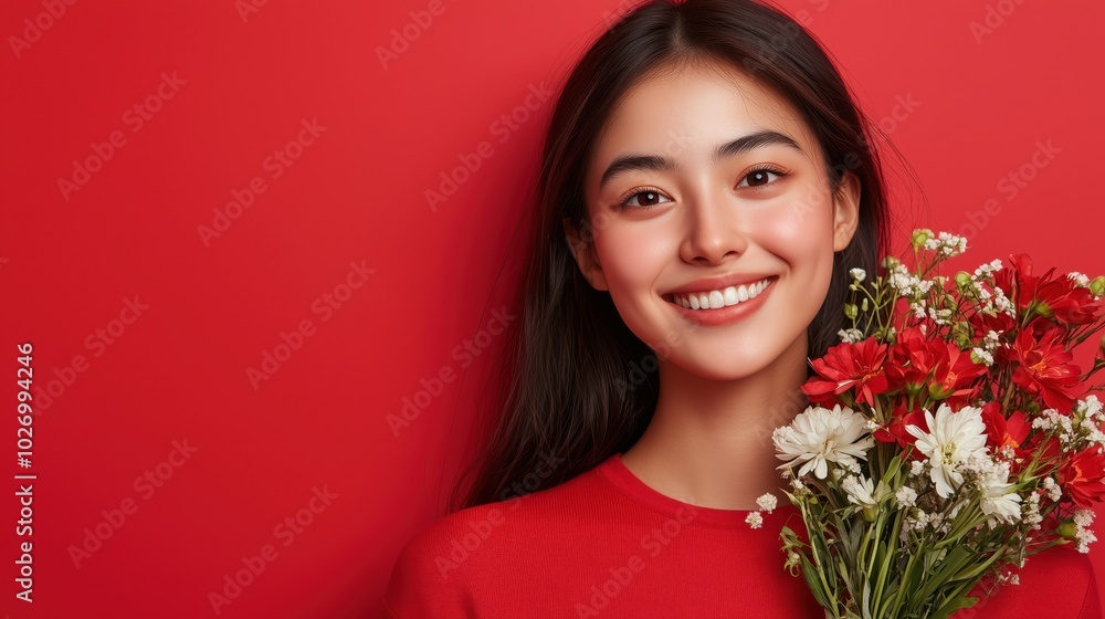Joyful woman in red with spring flowers for seasonal greetings and marketing Joyful woman in red with spring flowers for seasonal greetings and marketing