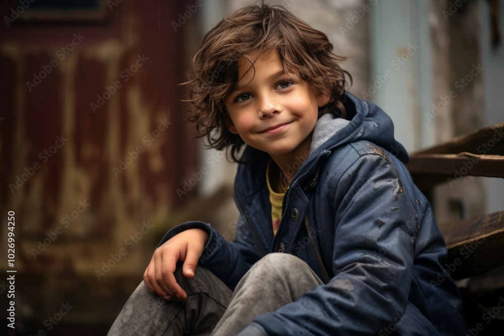 Portrait of a cute little boy sitting on a bench in the street Portrait of a cute little boy sitting on a bench in the street