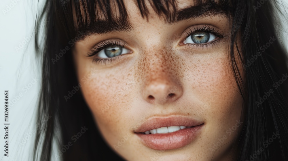 Natural beauty and renewal: close-up portrait of a young woman with freckles Natural beauty and renewal: close-up portrait of a young woman with freckles