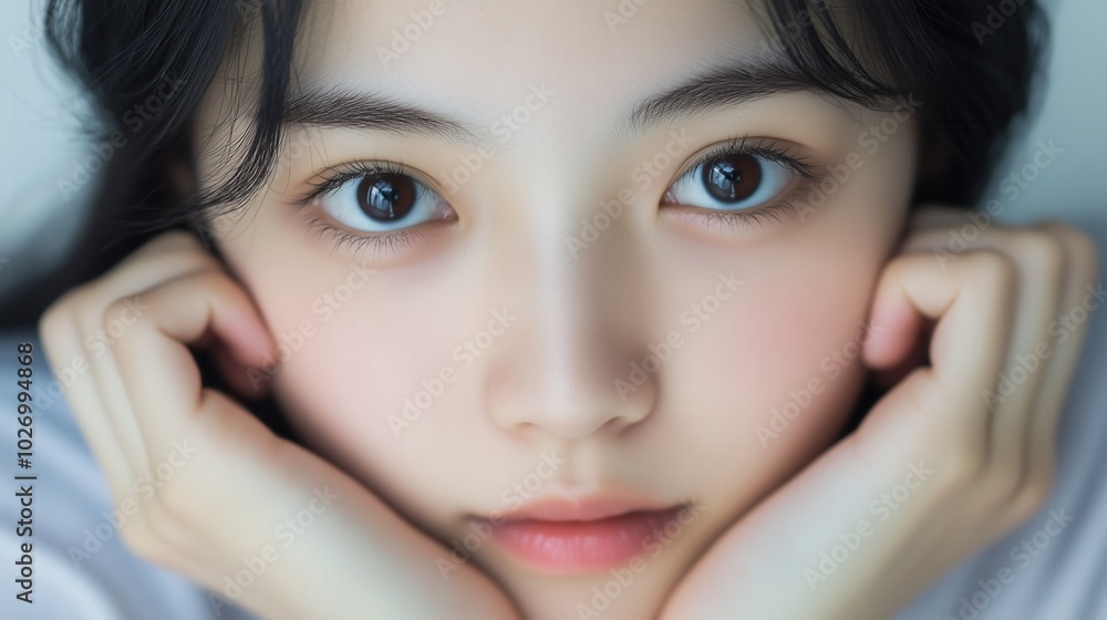 Natural beauty portrait of youthful female with serene expression for beauty and lifestyle Natural beauty portrait of youthful female with serene expression for beauty and lifestyle