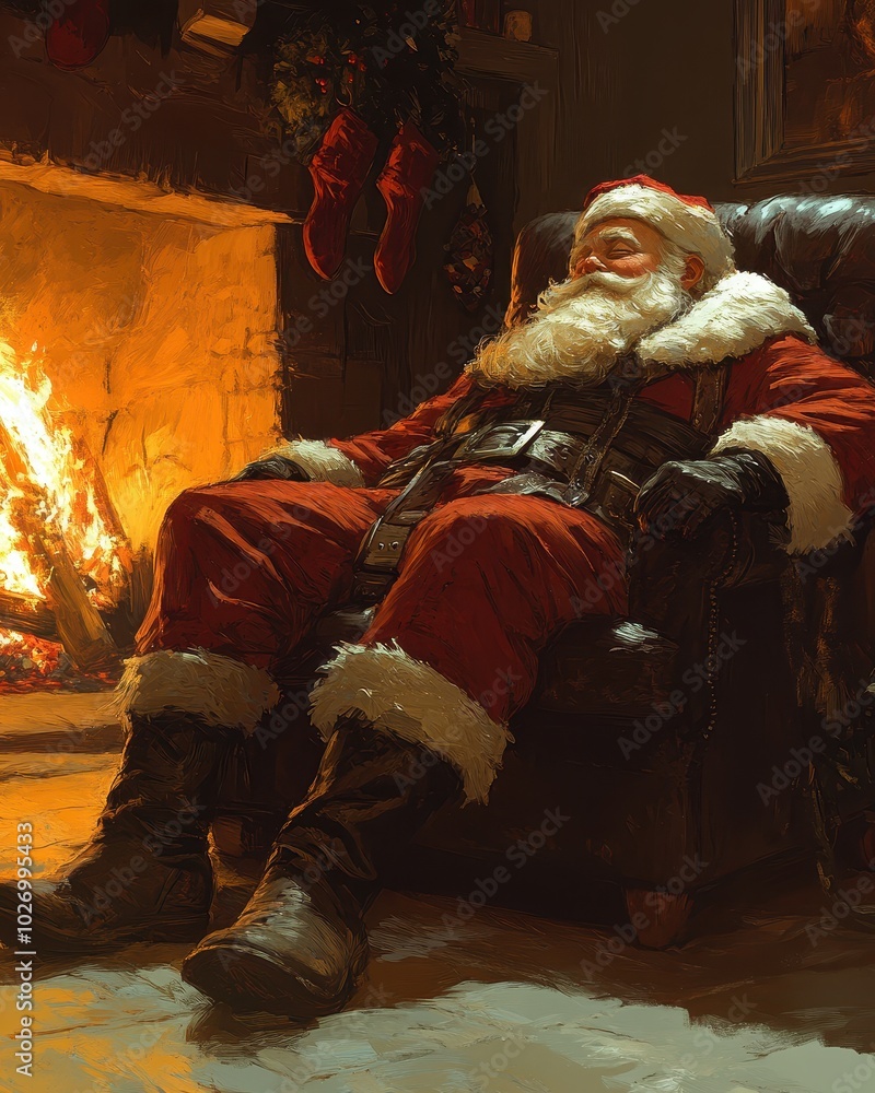 Santa Snoozing by the Fireplace in Cozy Atmosphere Santa Snoozing by the Fireplace in Cozy Atmosphere