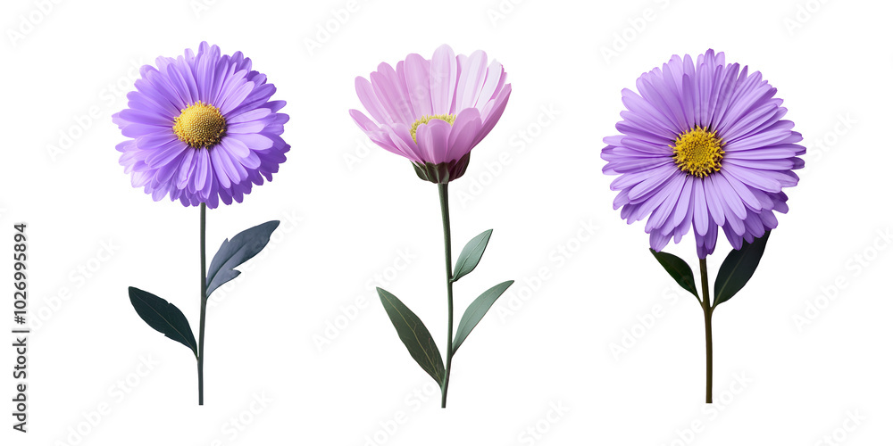 set of Vibrant Purple and Pink Flowers on a white and transparent background, Three vibrant flowers with delicate petals set of Vibrant Purple and Pink Flowers on a white and transparent background, Three vibrant flowers with delicate petals