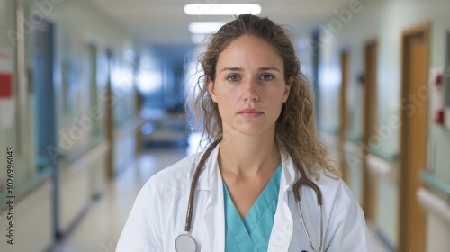 Nurse in Hospital Hallway with Serious Expression