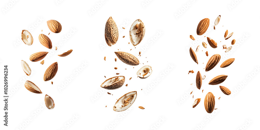 set of Floating Almonds and Shells Against on a white and transparent background, Creative composition of floating almonds and their shells, against a contrasting set of Floating Almonds and Shells Against on a white and transparent background, Creative composition of floating almonds and their shells, against a contrasting