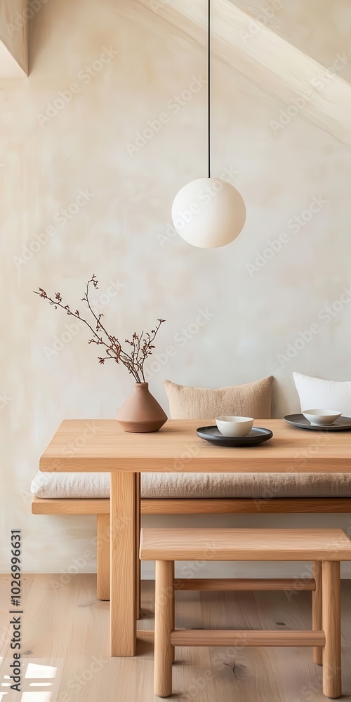 Modern Japandi dining room with a lowprofile wooden table, neutraltoned cushions, and simple, clean tableware wooden table, neutral tones, minimalist dining Modern Japandi dining room with a lowprofile wooden table, neutraltoned cushions, and simple, clean tableware wooden table, neutral tones, minimalist dining