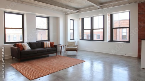 Open loft living room with concrete floors, industrialstyle windows, and modern furniture concrete floors, industrial windows, minimalist furniture