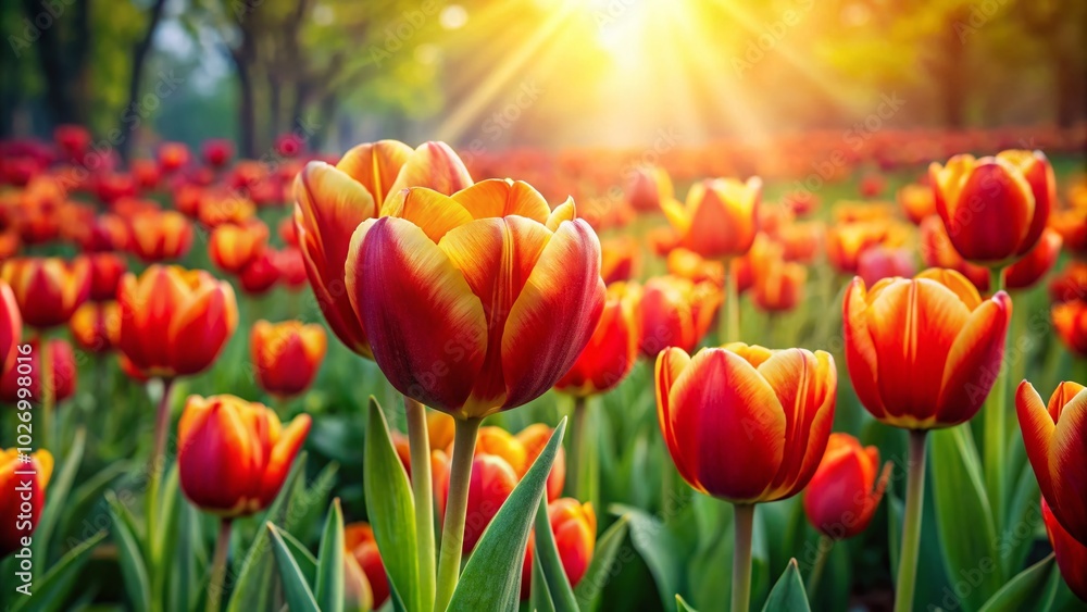 Obraz premium Radiant red and yellow tulips burst into bloom, showcasing the essence of spring's floral beauty. Their vibrant colors uplift spirits and celebrate