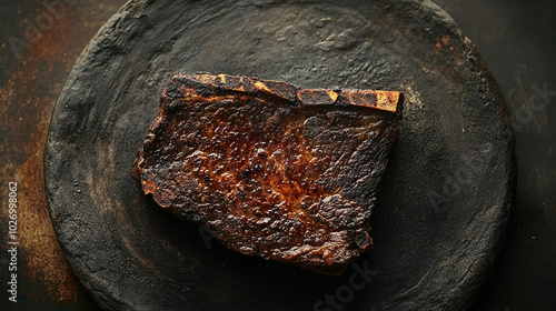 Burnt steak with charred surface and uneven cooking