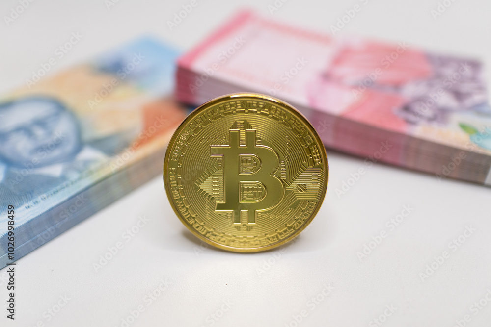 Gold Bitcoin coin with colorful Indonesian Rupiah banknotes in the background, representing cryptocurrency and financial investments. Gold Bitcoin coin with colorful Indonesian Rupiah banknotes in the background, representing cryptocurrency and financial investments.