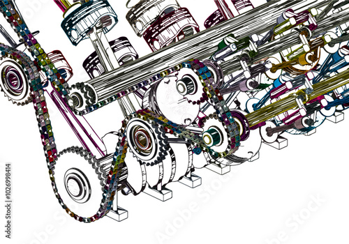 Multicolored V-shaped automobile engine on white background.