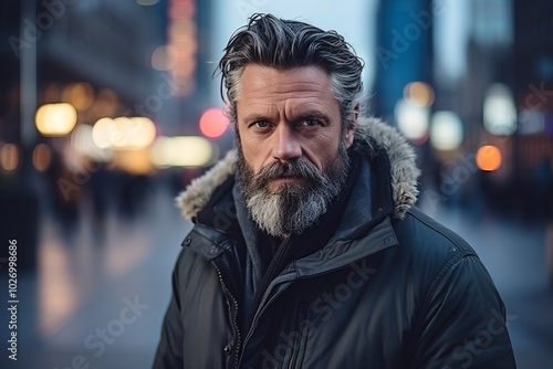 Portrait of a bearded man in the city at night. Men's beauty, fashion.