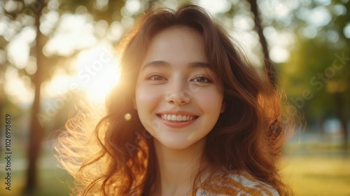 Springtime joy: radiant smiling woman in sunlit park for lifestyle and wellness