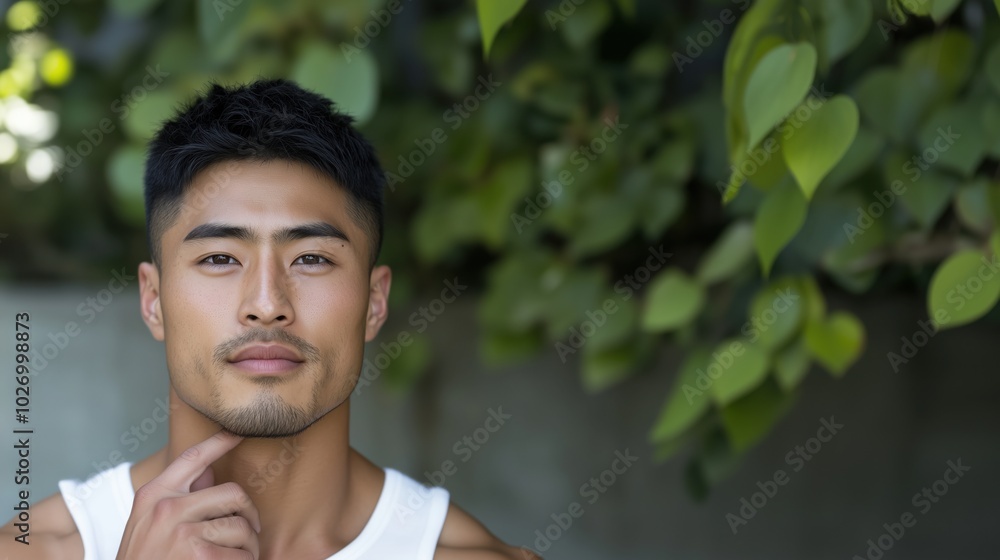 Stylish young man in summer fashion against lush green backdrop for lifestyle and fashion brands