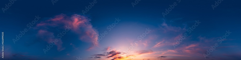 Fototapeta premium Dark sunset sky with bright glowing pink Cirrus clouds. Seamless spherical HDR 360 panorama. Full zenith or sky dome in 3D, sky replacement for aerial drone panoramas. Climate and weather change.