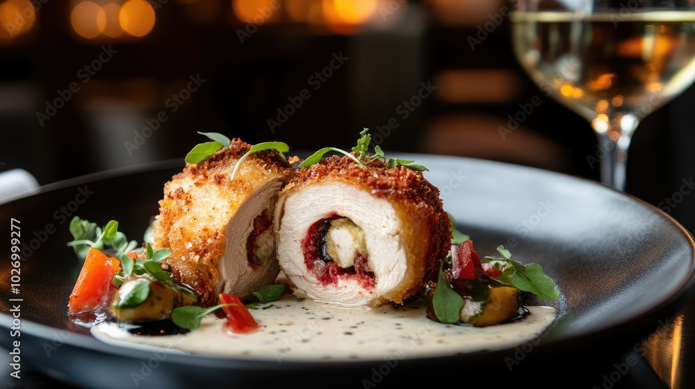 Crispy Chicken Dish with Creamy Sauce and Garnish Crispy Chicken Dish with Creamy Sauce and Garnish