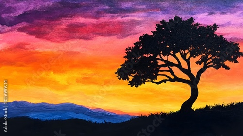 A silhouette of a tree against a stunning sunset, with the sky painted in hues of orange, pink, and purple