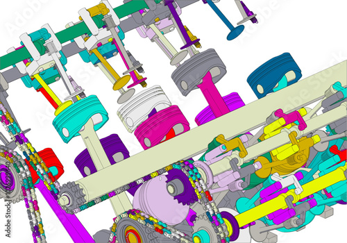 Multicolored V-shaped automobile engine on white background.