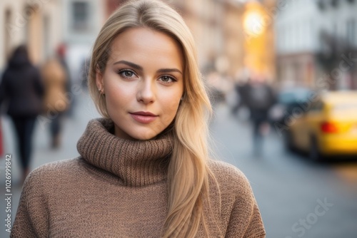 Beautiful blonde woman wearing a knitted sweater on the street