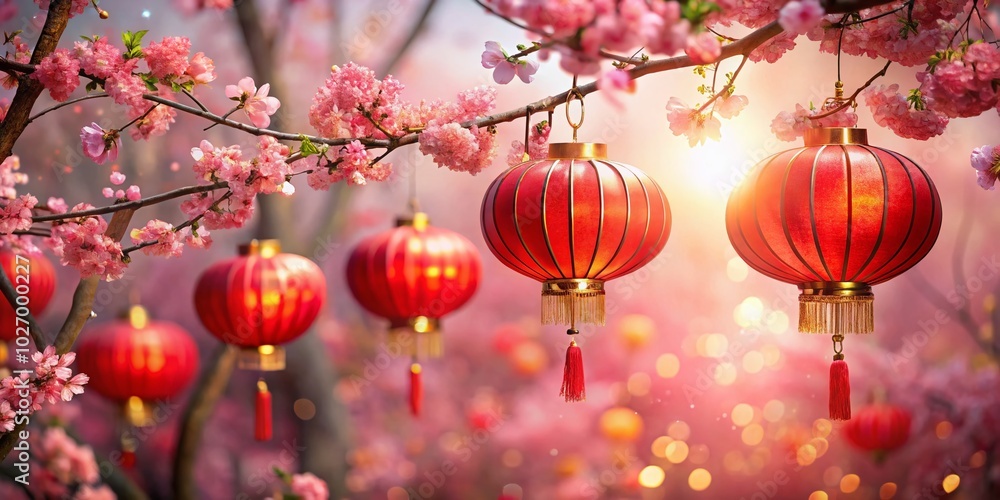 Red Chinese lanterns elegantly highlight vibrant pink cherry blossoms, creating a stunning backdrop for festive celebrations, evoking joy and Red Chinese lanterns elegantly highlight vibrant pink cherry blossoms, creating a stunning backdrop for festive celebrations, evoking joy and