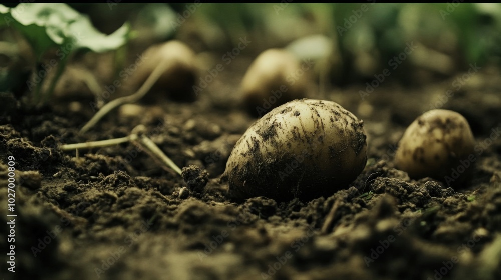 Close-up of fresh potatoes in the ground.