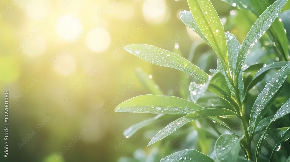 Fresh Green Leaves with Water Droplets in Sunlight Fresh Green Leaves with Water Droplets in Sunlight