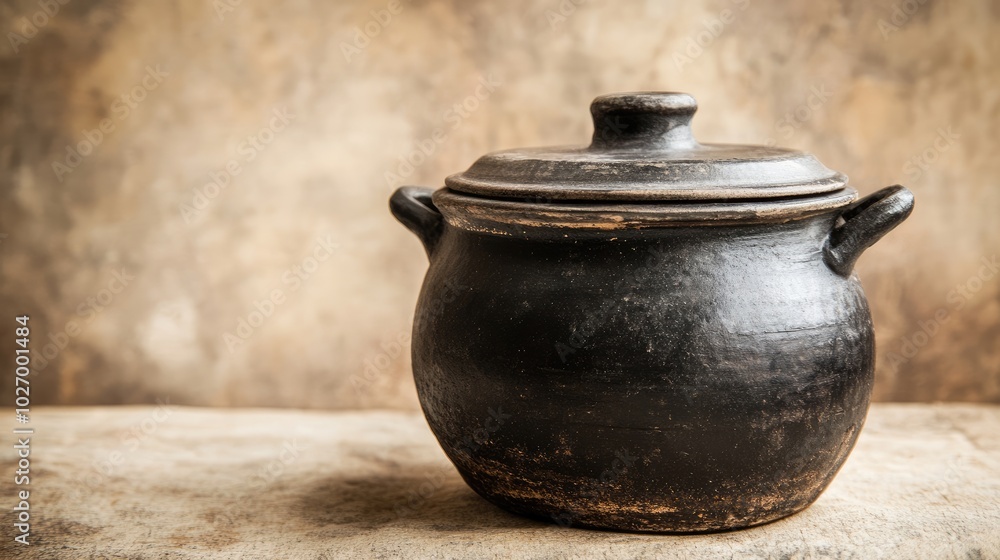 Rustic Black Clay Pot on Textured Surface Rustic Black Clay Pot on Textured Surface