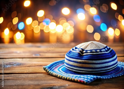 Traditional Kippah and Tallit on a Wooden Table with Soft Lighting for Religious and Culture Themes photo